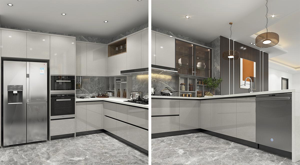 Silver Grey U Shaped Kitchen High gloss light gray U-shaped kitchen cabinet with peninsula