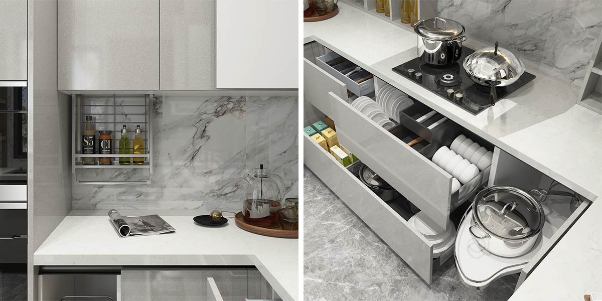 Silver Grey U Shaped Kitchen Multifunctional Kitchen Storage Drawers