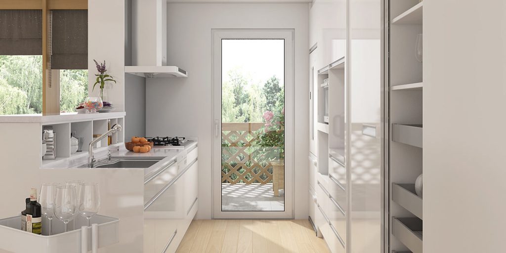 modern glossy white galley kitchen design