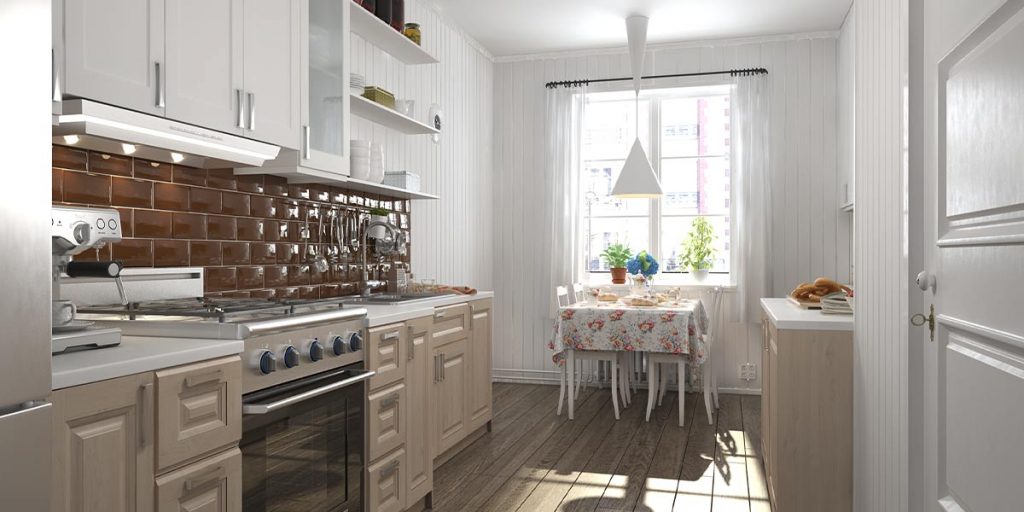 galley kitchen design with shaker cabinets and dining table
