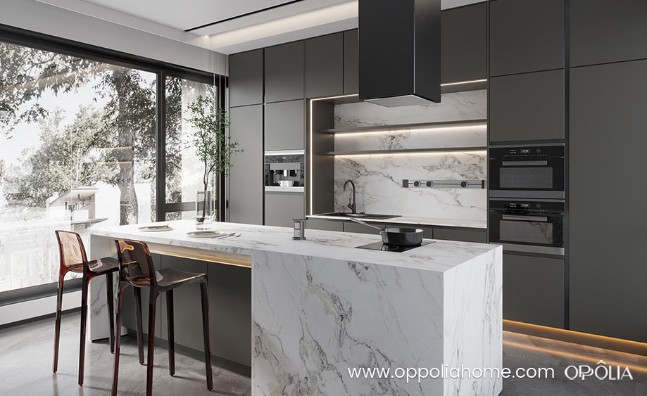 Charcoal Grey Kitchen Cabinets with White Island