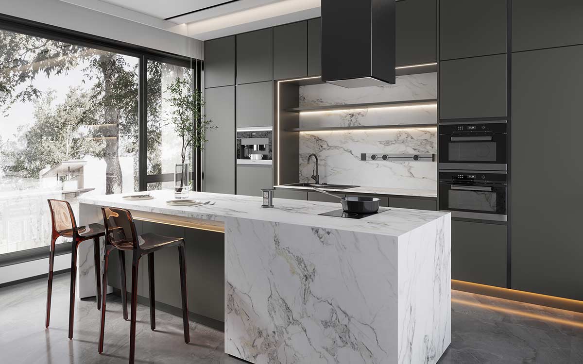modern kitchen waterfall island with seating