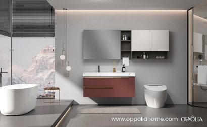 red and white bathroom vanity
