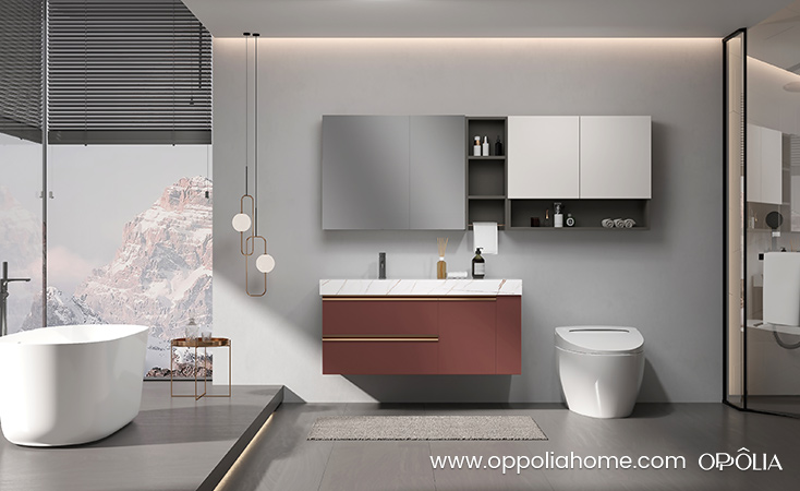 red and white bathroom vanity