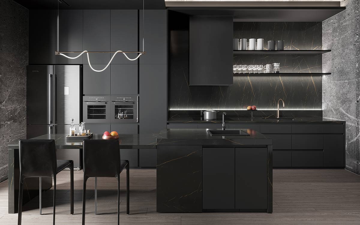 black kitchen island with seating