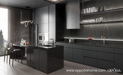 Dark Grey Cabinets with Black marble countertop