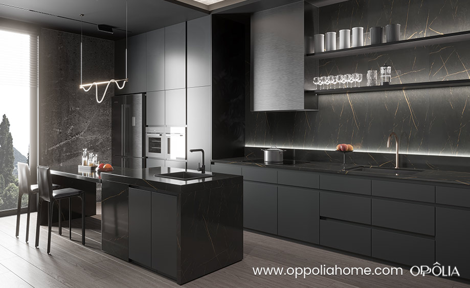 Dark Grey Cabinets with Black marble countertop