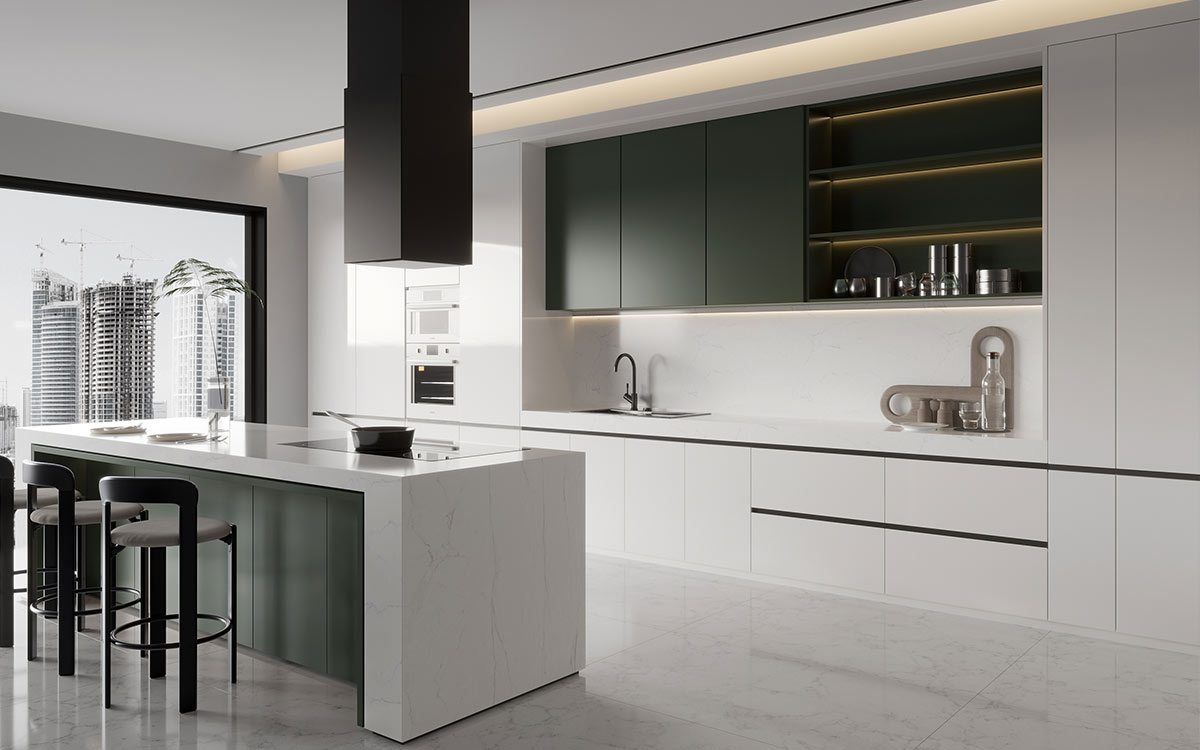 green and white two tone cabinets