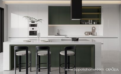 Green and White Flat Front Kitchen Cabinets