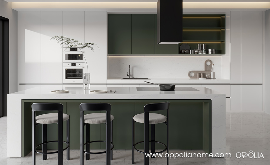 Green and White Flat Front Kitchen Cabinets