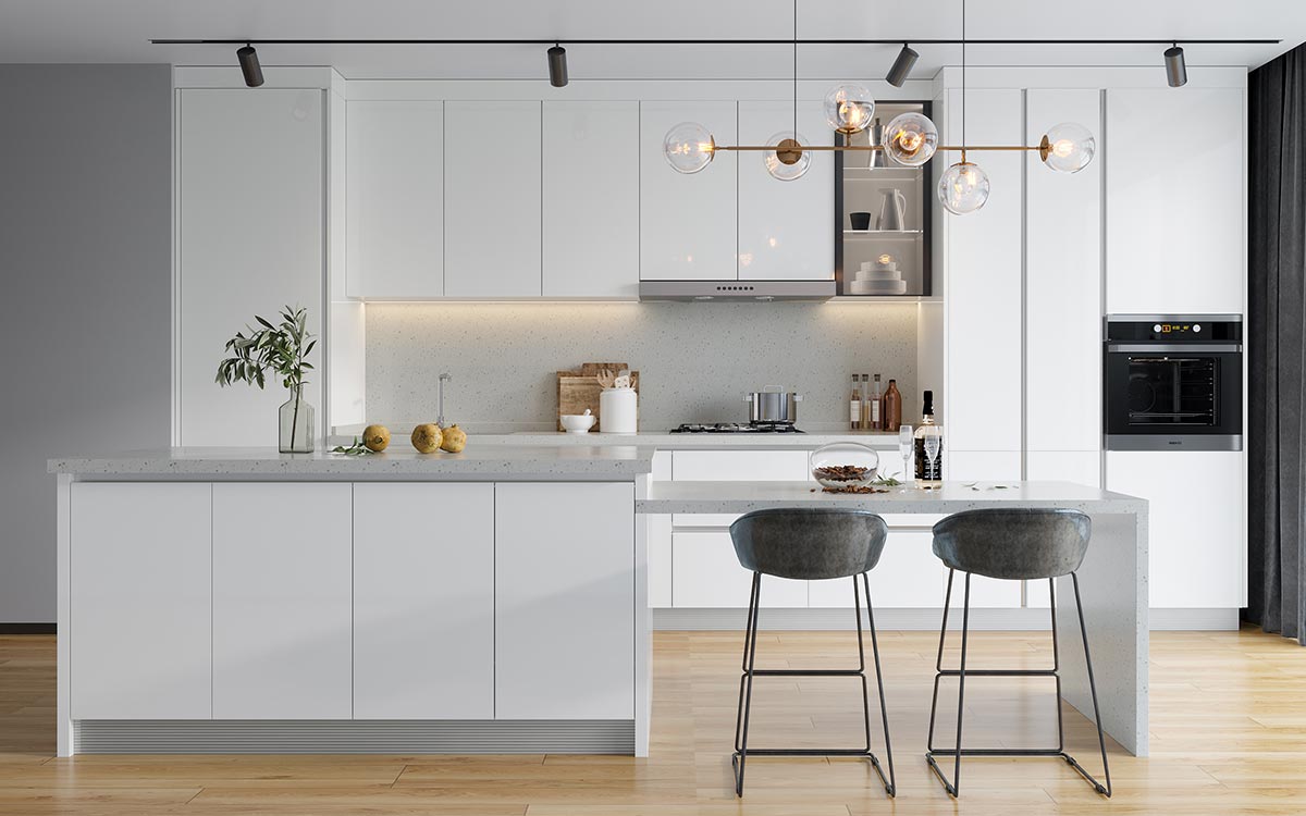 high gloss white kitchen with island