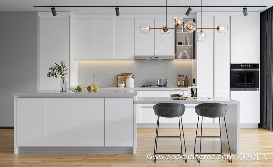 White Kitchen Cabinets with Island