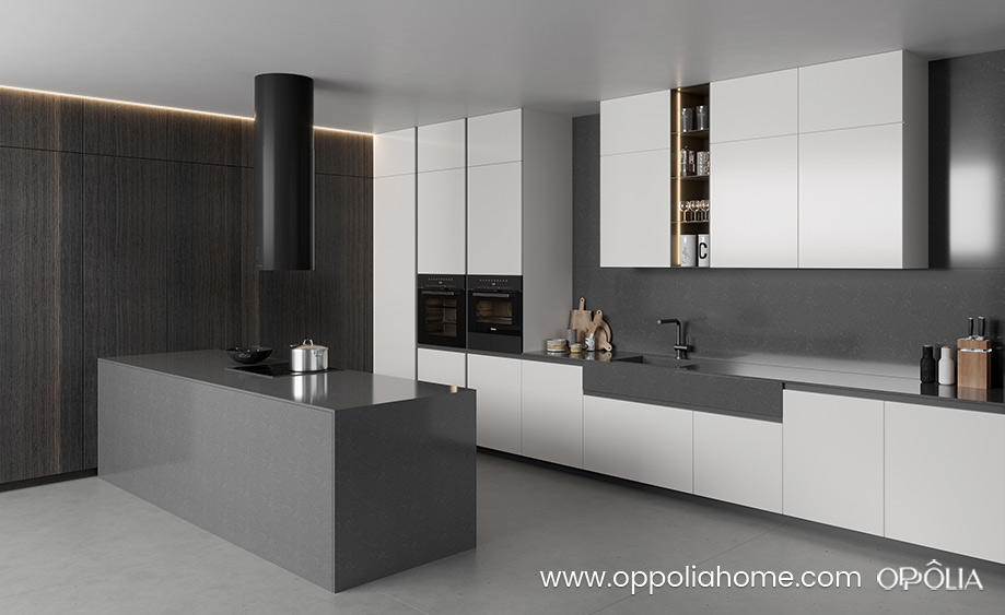 Painted White Kitchen with Grey Island
