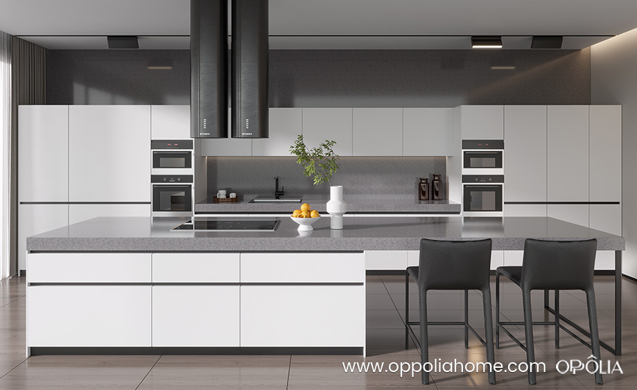 White Cabinets Grey Countertops Large Kitchen