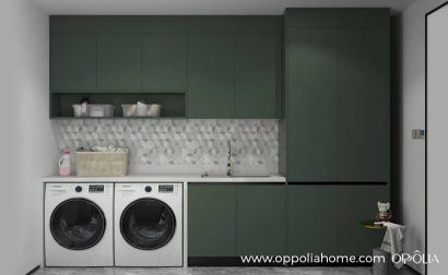 Dark Green Laundry Room Cabinets