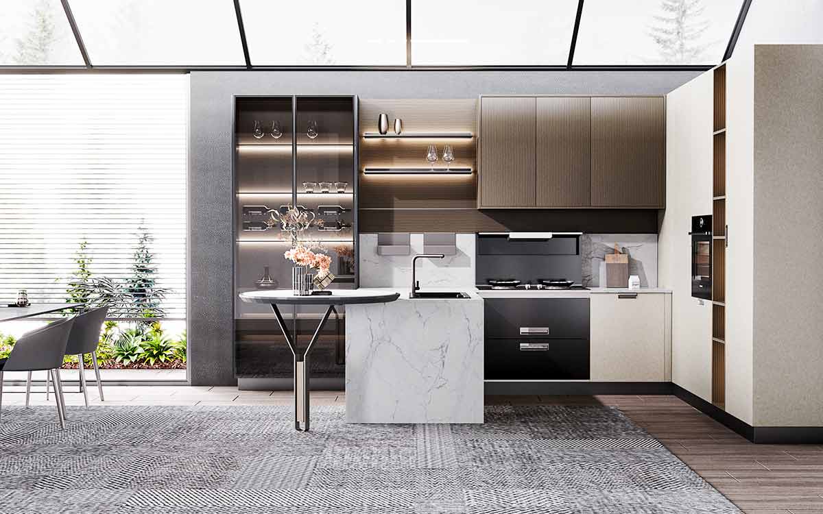 Beige Kitchen in L Shape with a Peninsula Beige Kitchen in L Shape with a Peninsula