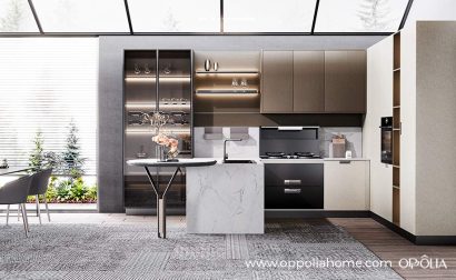 Beige Kitchen in L Shape with a Peninsula