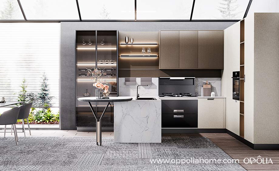 Beige Kitchen in L Shape with a Peninsula