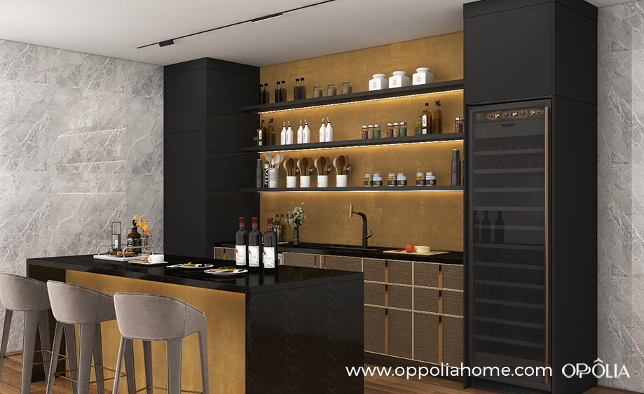Modern Black and Gold Custom Home Bar