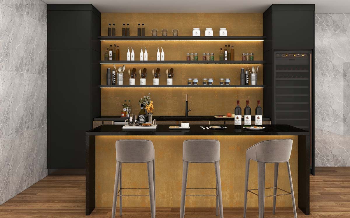 Modern Black and Gold Custom Home Bar
