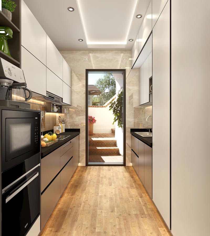 modern parallel kitchen design with built-in appliances