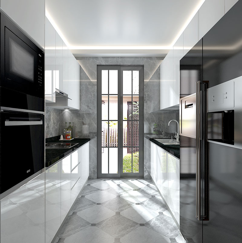 glossy white Parallel Kitchen