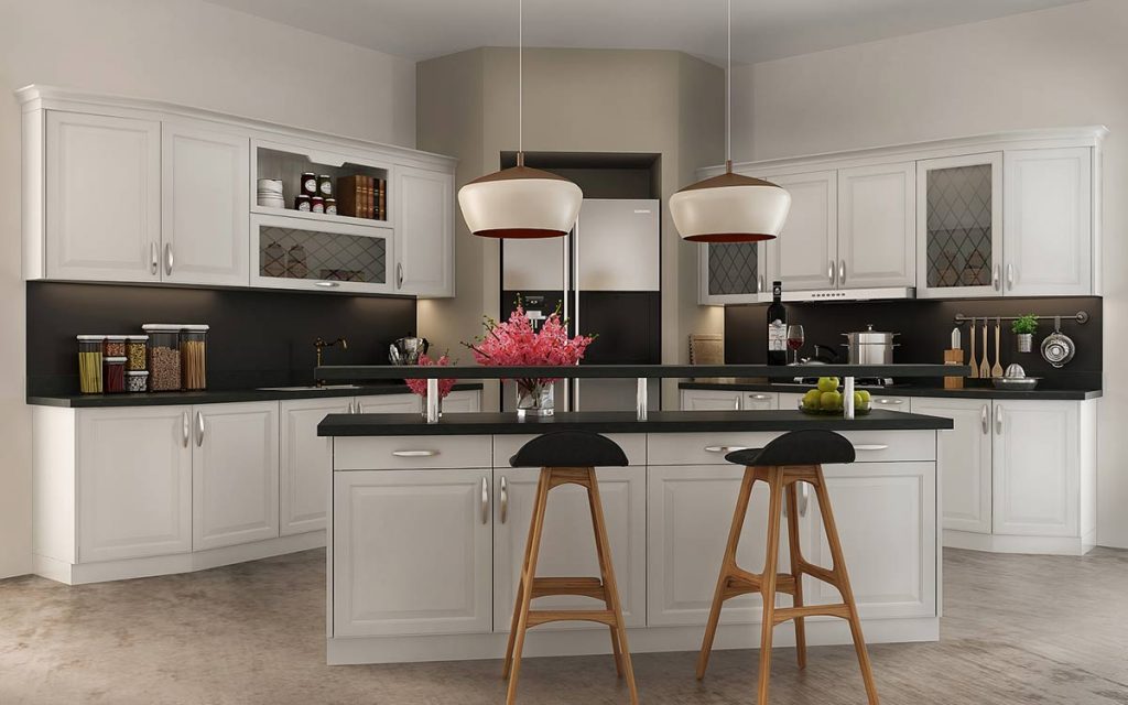 white shaker modular kitchen cabinet