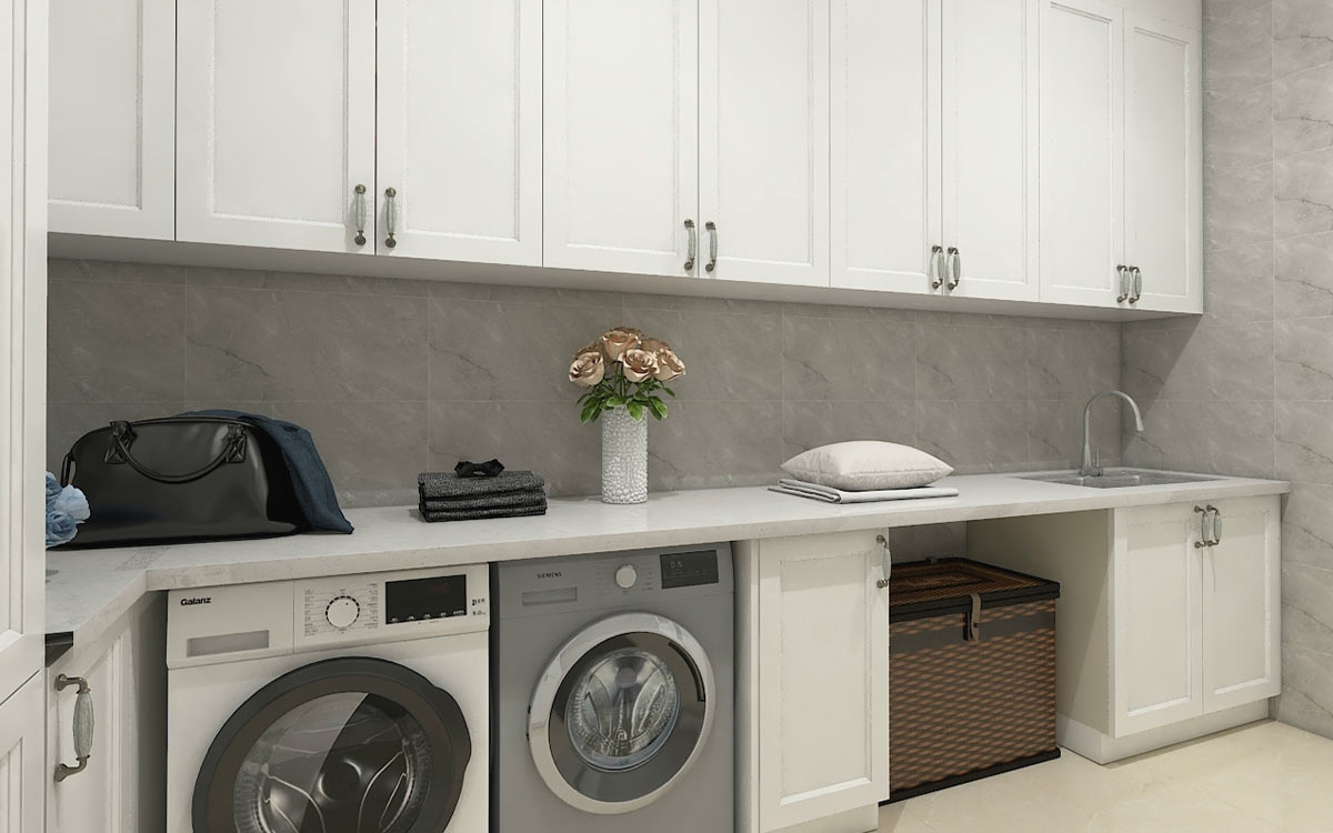 White Shaker Laundry Room Storage Cabinets 