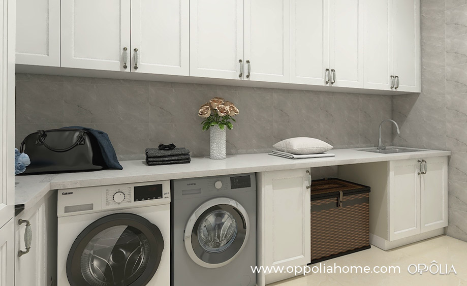 White Shaker Laundry Room Storage Cabinets