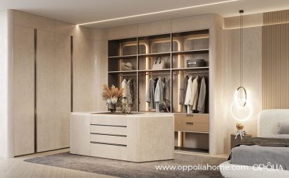 Beige Walk-in Closet in Textured UV Lacquer