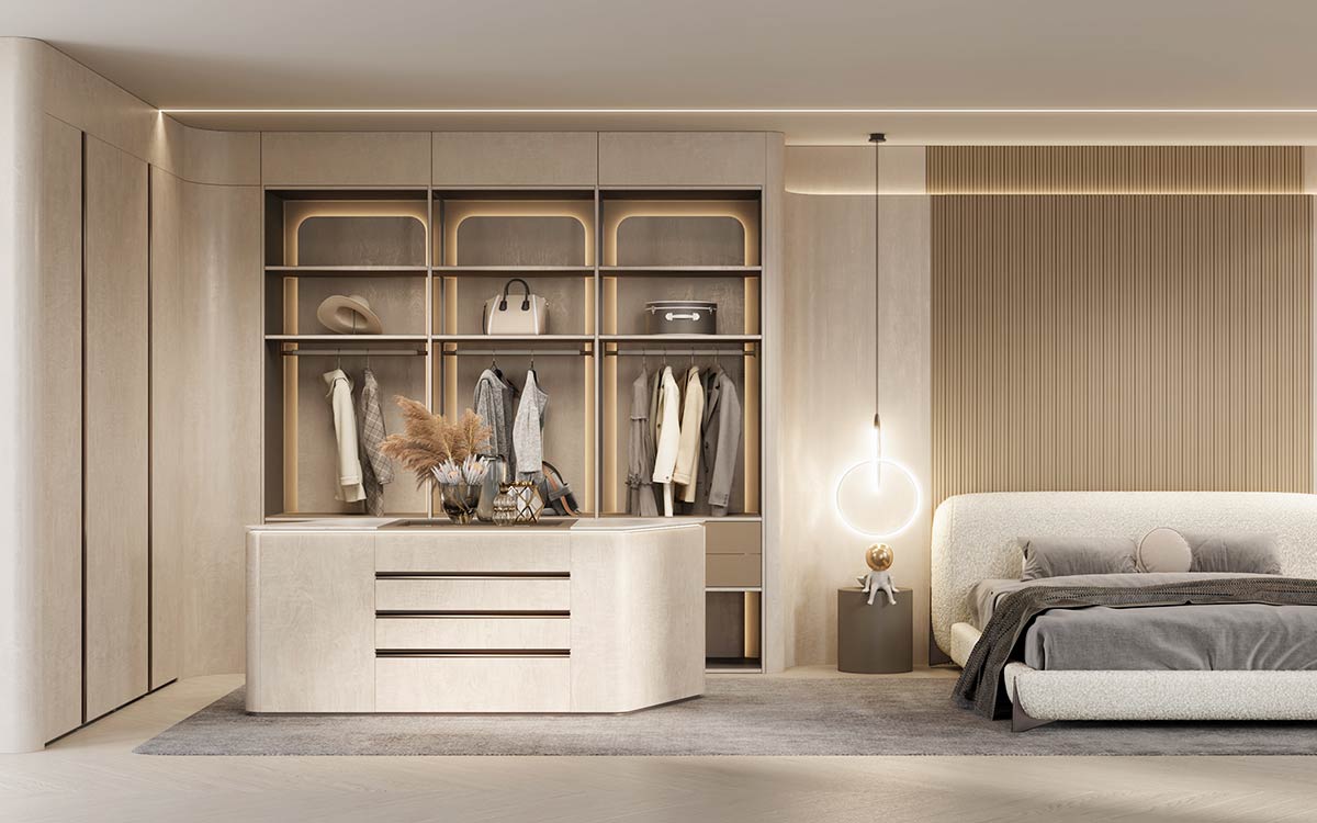 Beige Walk-in Closet in Textured UV Lacquer