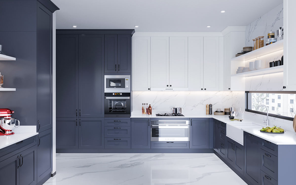 blue and white flat pack kitchen