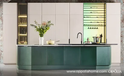 Contemporary White Kitchen Design with Green Island