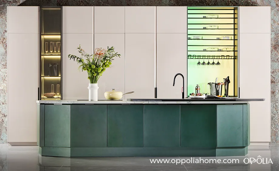 Contemporary White Kitchen Design with Green Island