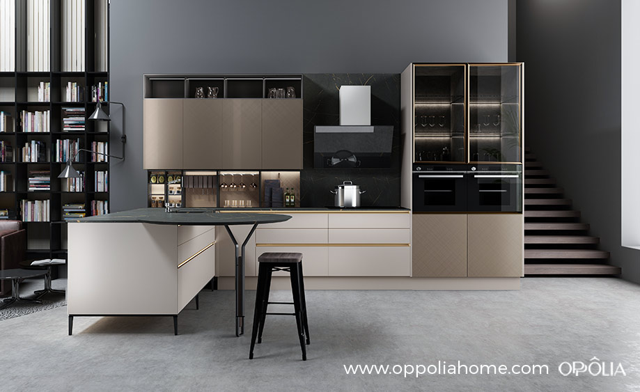 L-shaped Kitchen in Off White and Gold