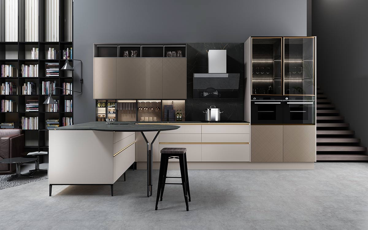 L-shaped Kitchen in Off White and Gold L-shaped Kitchen in Off White and Gold