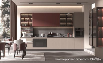 Modern Greige and Dark Red Kitchen Cabinets