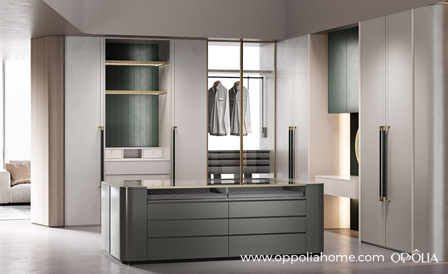 Off White and Green Walk in Wardrobe
