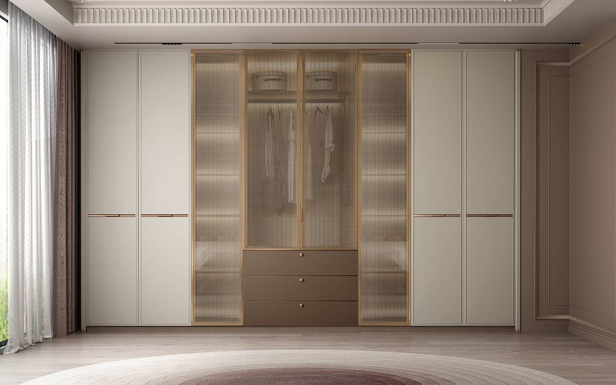 White and Taupe Wardrobe with Reeded Glass Doors