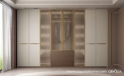 White and Taupe Wardrobe with Reeded Glass Doors