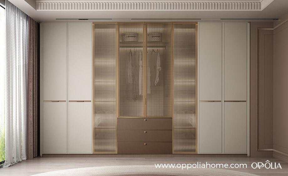 White and Taupe Wardrobe with Reeded Glass Doors