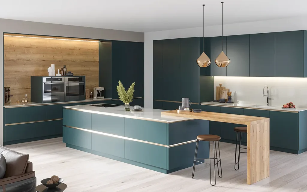 modern handleless blue MDF cabinets