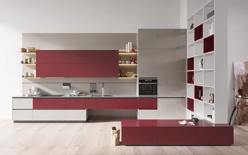modern MDF cabinets in light grey and red colors