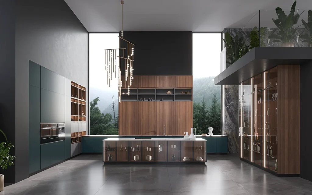 modern luxury large kitchen design in dark blue and wood tone