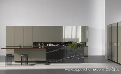 High Gloss green Kitchen Cabinets with island