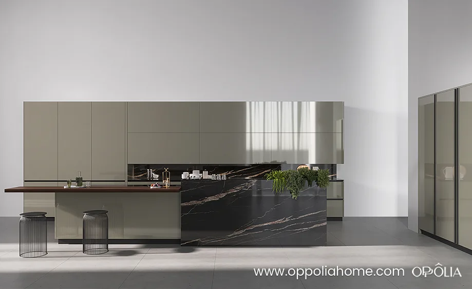 High Gloss green Kitchen Cabinets with island