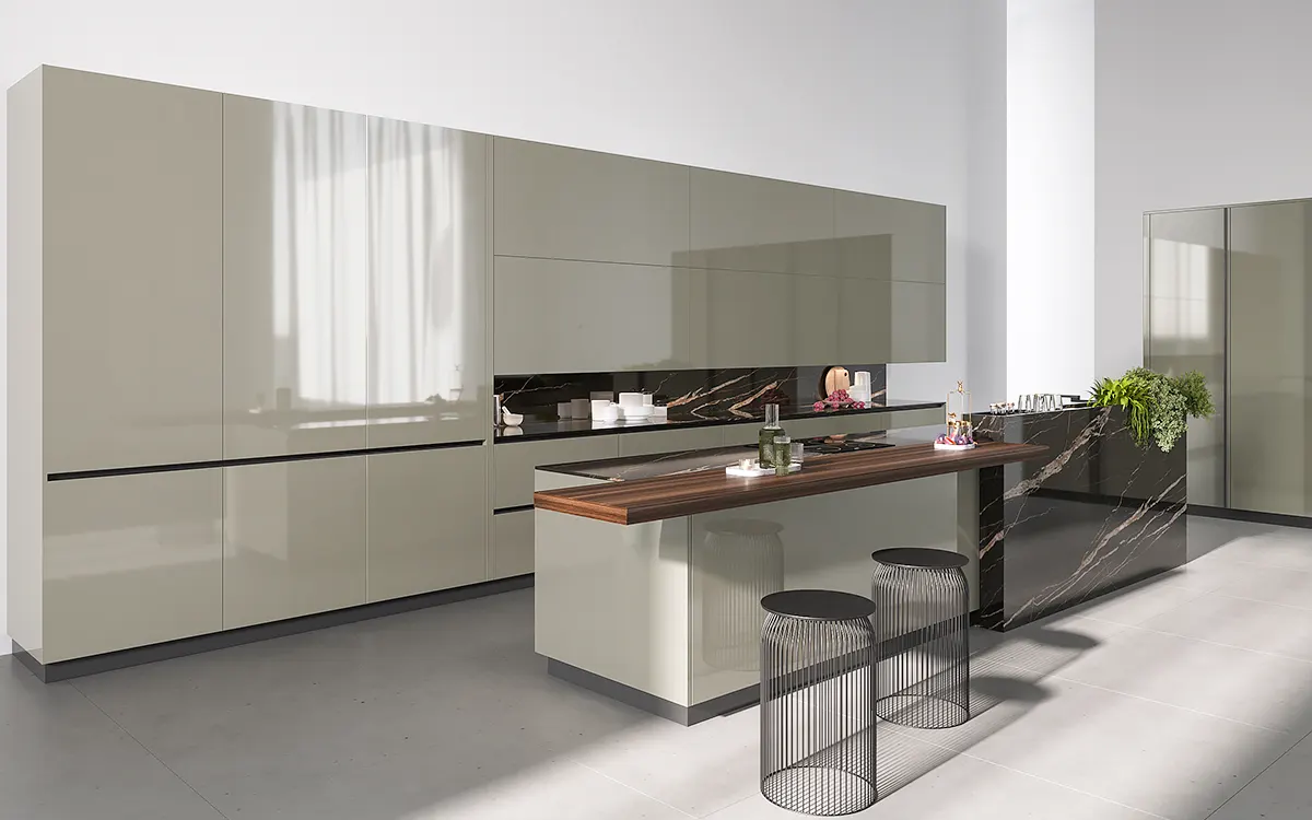 High-gloss luxury green kitchen cabinets with an island