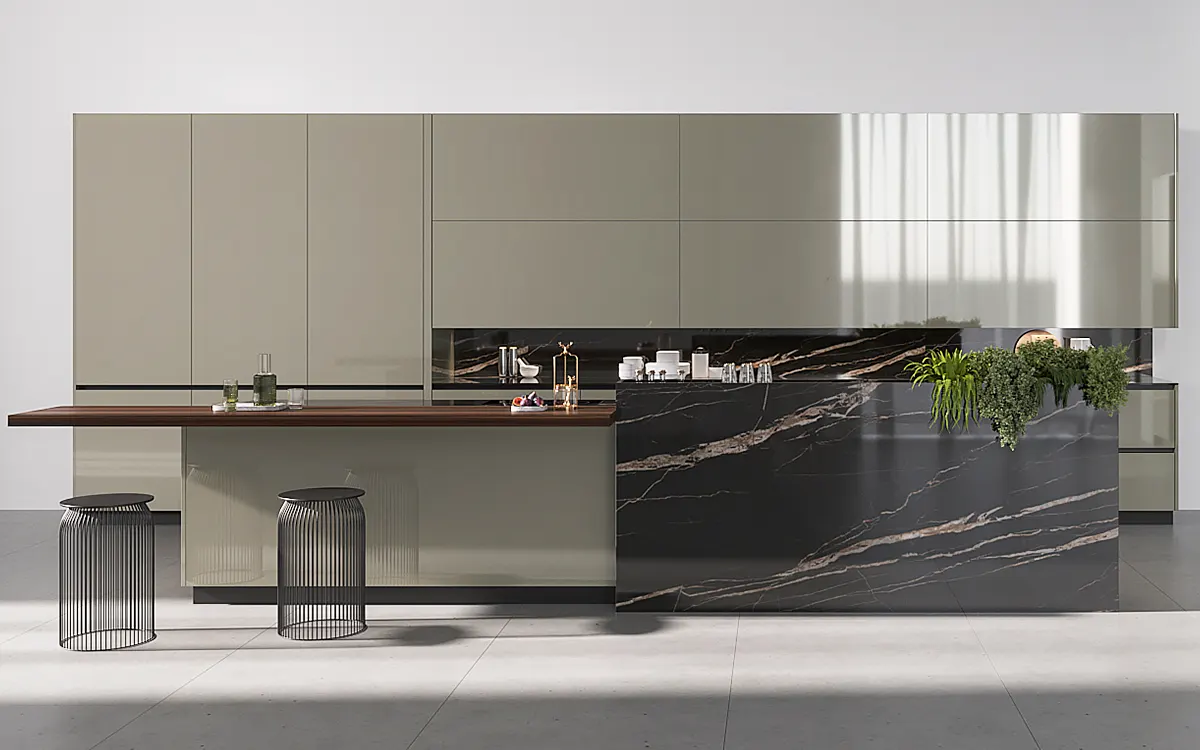 High-gloss luxury green kitchen cabinets with an island