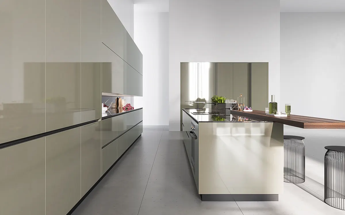 High-gloss luxury green kitchen cabinets with an island