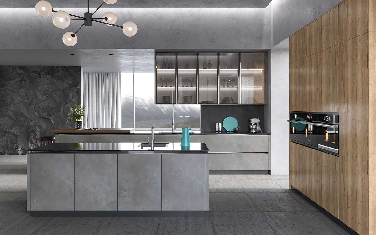 Industrial Kitchen Design with Grey Stone Effect Doors Industrial Kitchen Design with Grey Stone Effect Doors